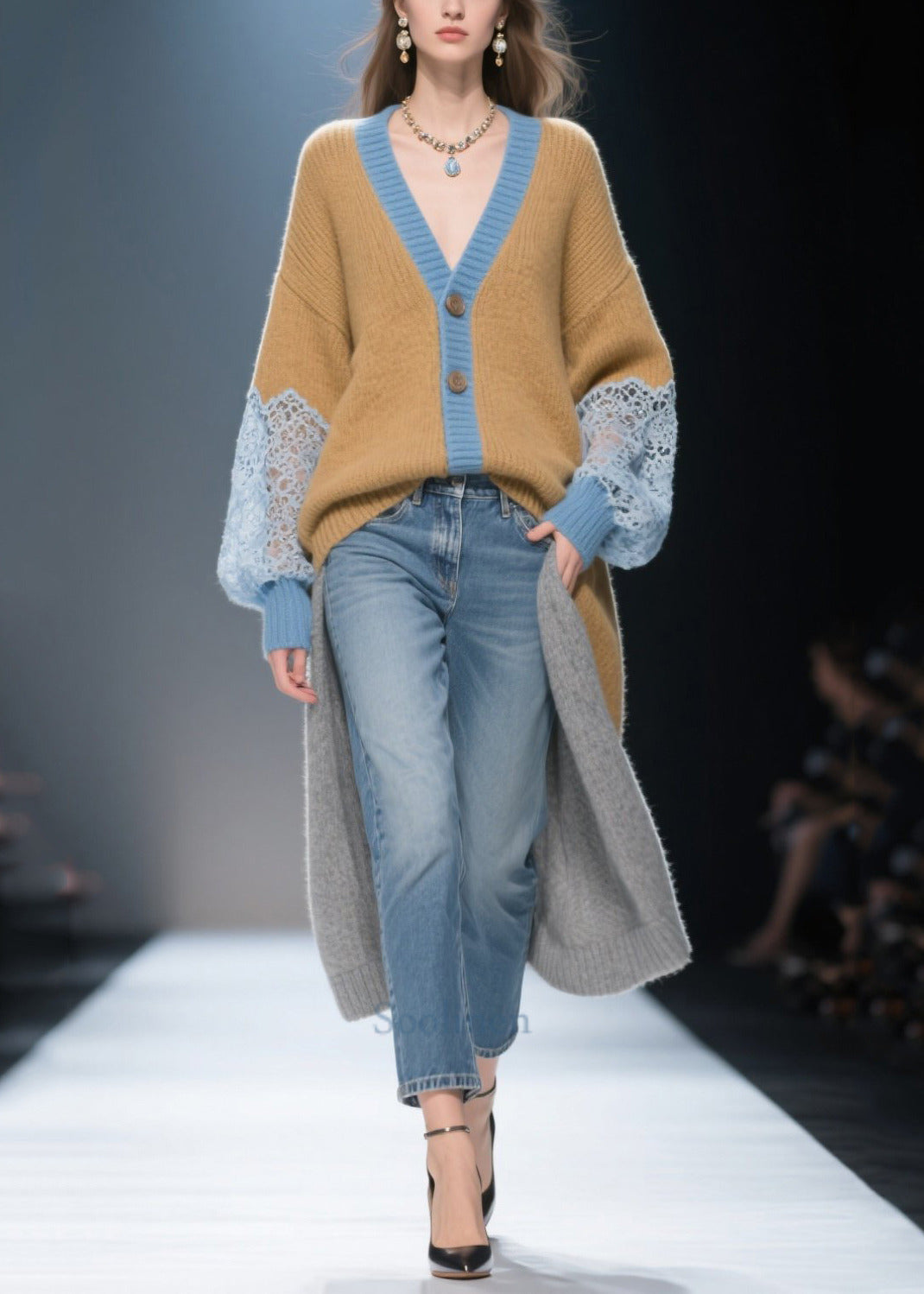 Beautiful Brown Low High Design Patchwork Lace Knit Cardigans Winter