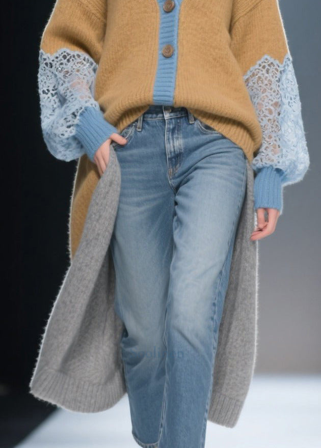 Beautiful Brown Low High Design Patchwork Lace Knit Cardigans Winter