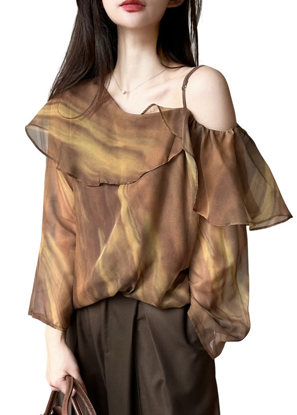 Beautiful Brown One Shoulder Tie Dye Chiffon Blouse Top Spring