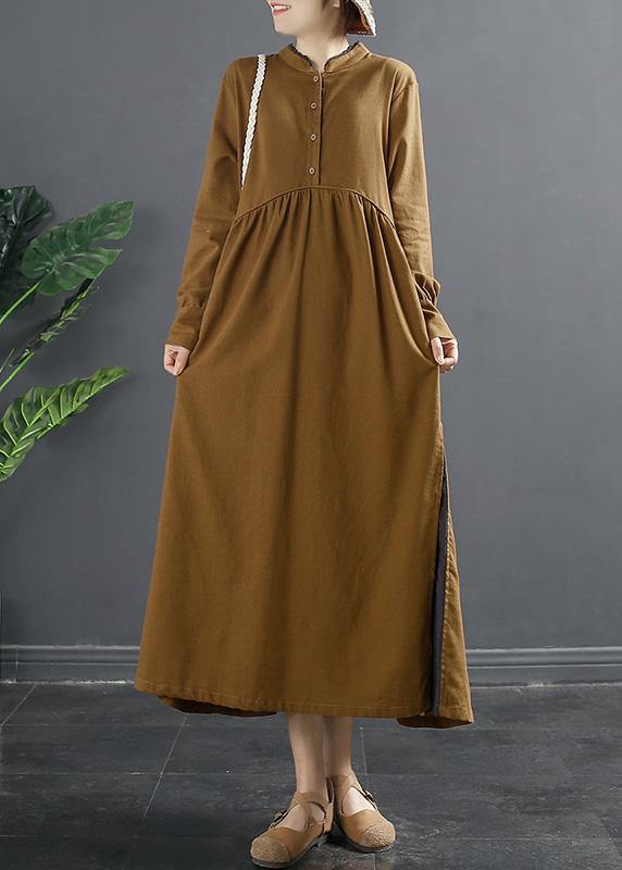 Beautiful Brown Quilting Dresses Patchwork Cinched Plus Size Dress - SooLinen