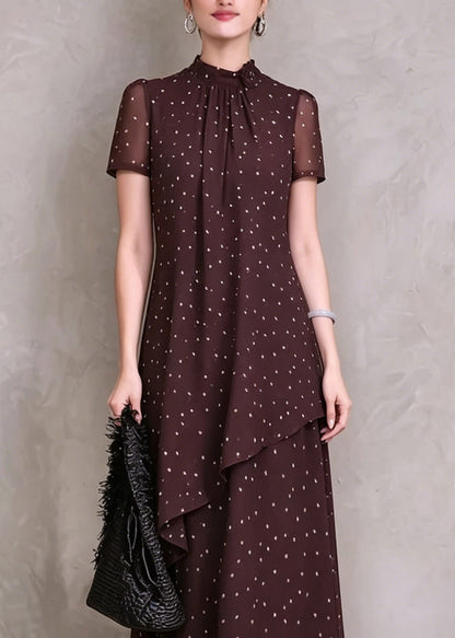 Beautiful Brown Red Asymmetrical Dot Print Maxi Dresses Short Sleeve