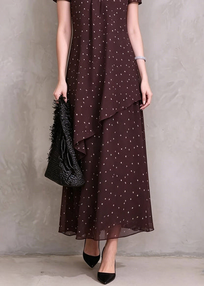 Beautiful Brown Red Asymmetrical Dot Print Maxi Dresses Short Sleeve