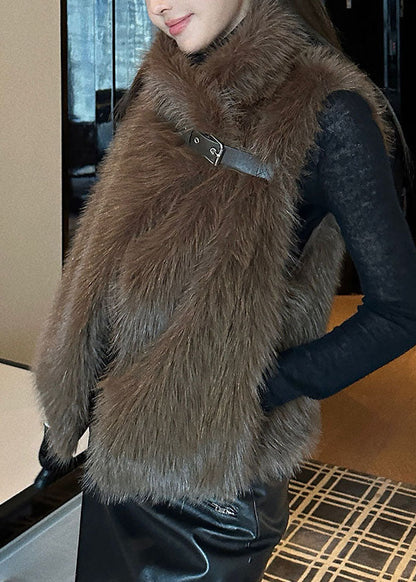 Beautiful Brown Stand Collar Mink Hair Waistcoat Sleeveless