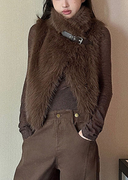 Beautiful Brown Stand Collar Mink Hair Waistcoat Sleeveless