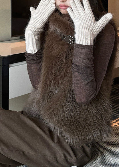 Beautiful Brown Stand Collar Mink Hair Waistcoat Sleeveless