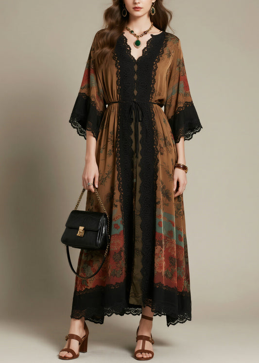 Beautiful Brown Tie Waist Lace Patchwork Chiffon Dress Summer