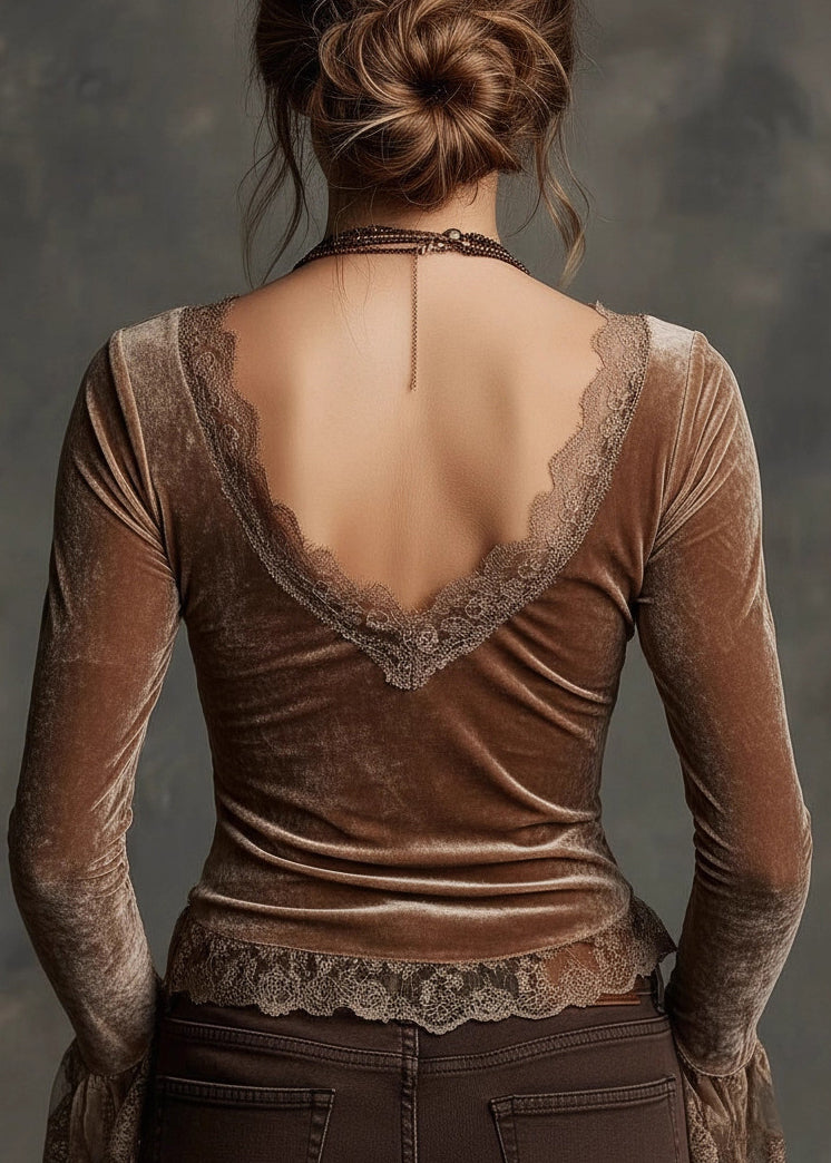 Beautiful Brown V Neck Lace Patchwork Velour Top Fall