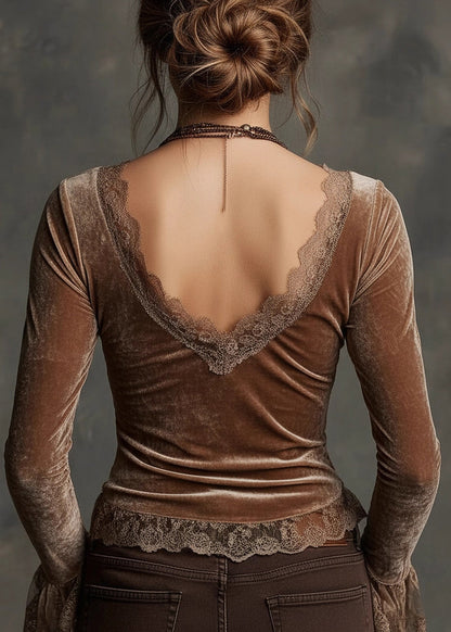 Beautiful Brown V Neck Lace Patchwork Velour Top Spring