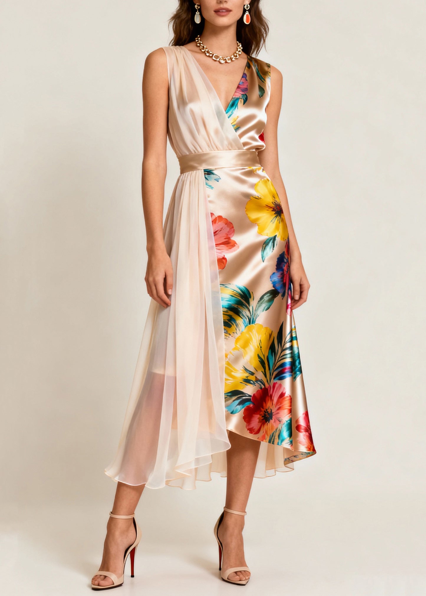Beautiful Champagne Color Asymmetrical Print Tulle Patchwork Dress Sleeveless