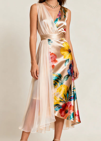 Beautiful Champagne Color Asymmetrical Print Tulle Patchwork Dress Sleeveless