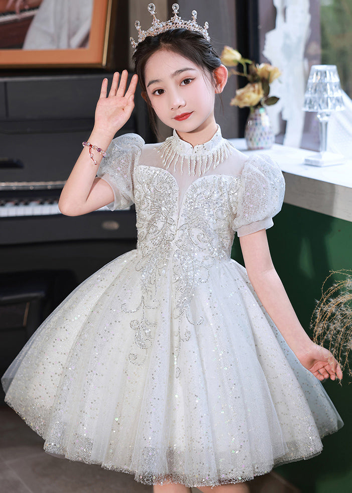 Beautiful Champagne Stand Collar Sequins Tulle Kids Mid Dresses Summer