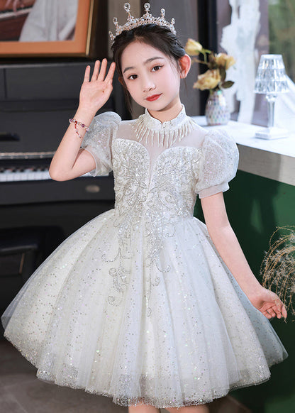 Beautiful Champagne Stand Collar Sequins Tulle Kids Mid Dresses Summer