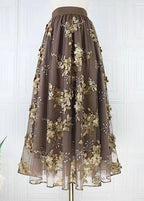 Beautiful Coffee Embroidered High Waist Tulle Skirts Spring