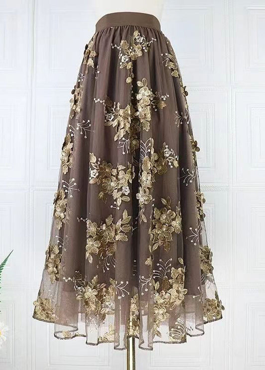Beautiful Coffee Embroidered High Waist Tulle Skirts Spring