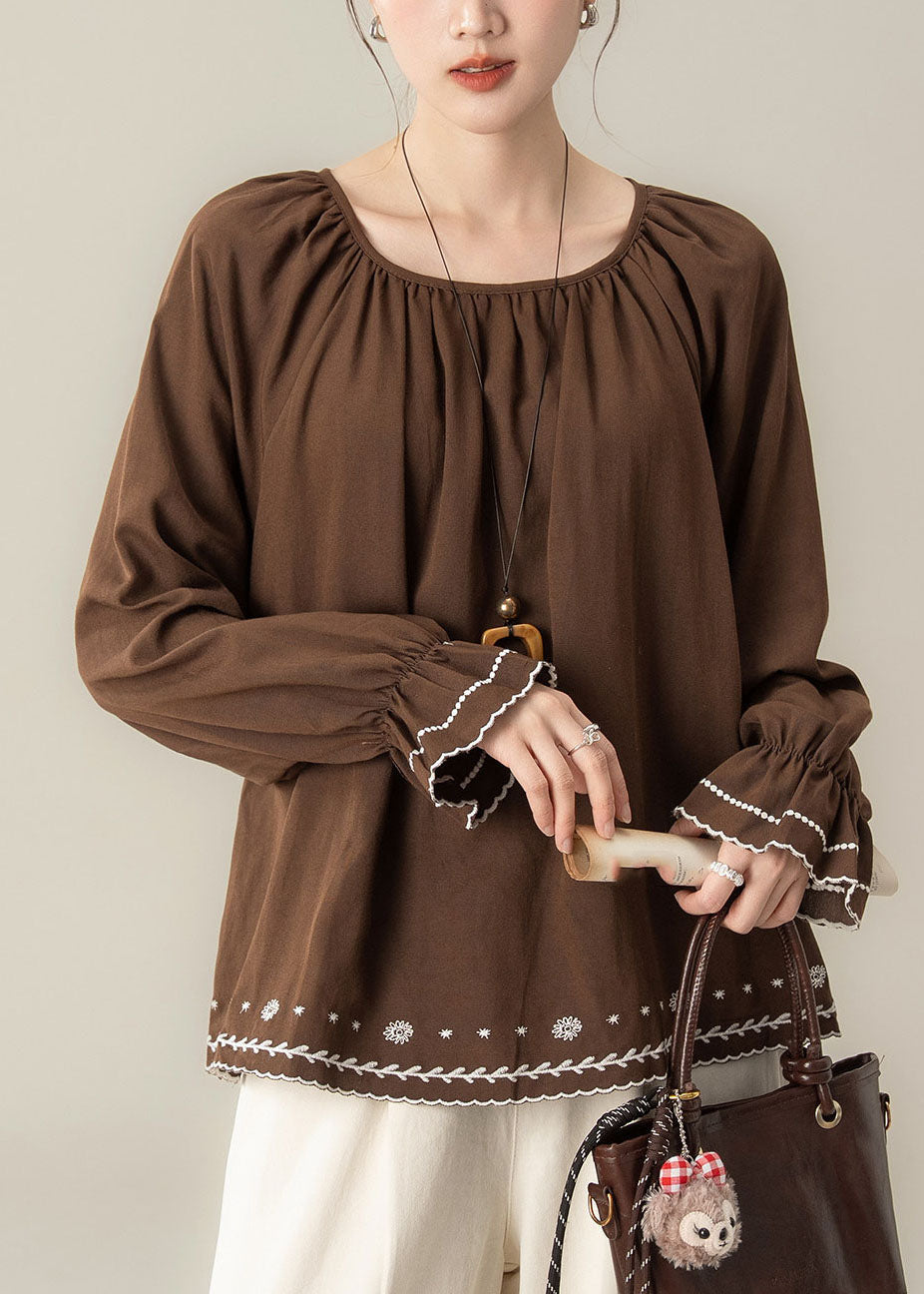 Beautiful Coffee Embroidered Wrinkled Tops Fall