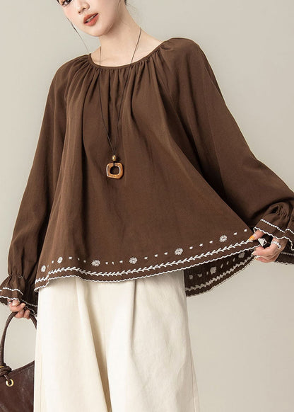 Beautiful Coffee Embroidered Wrinkled Tops Fall