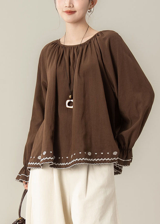 Beautiful Coffee Embroidered Wrinkled Tops Fall