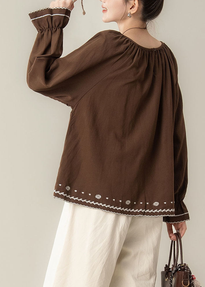 Beautiful Coffee Embroidered Wrinkled Tops Fall