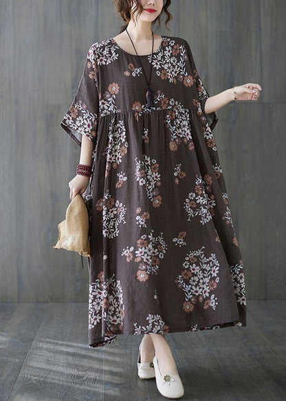 Beautiful Coffee Patchwork Print Summer Vacation Dress Half Sleeve - SooLinen