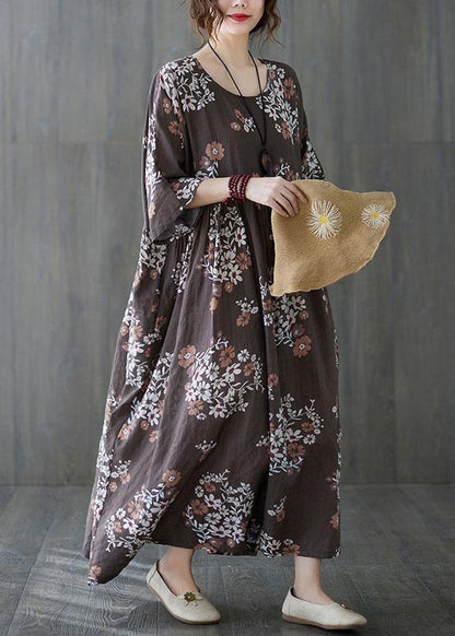 Beautiful Coffee Patchwork Print Summer Vacation Dress Half Sleeve - SooLinen