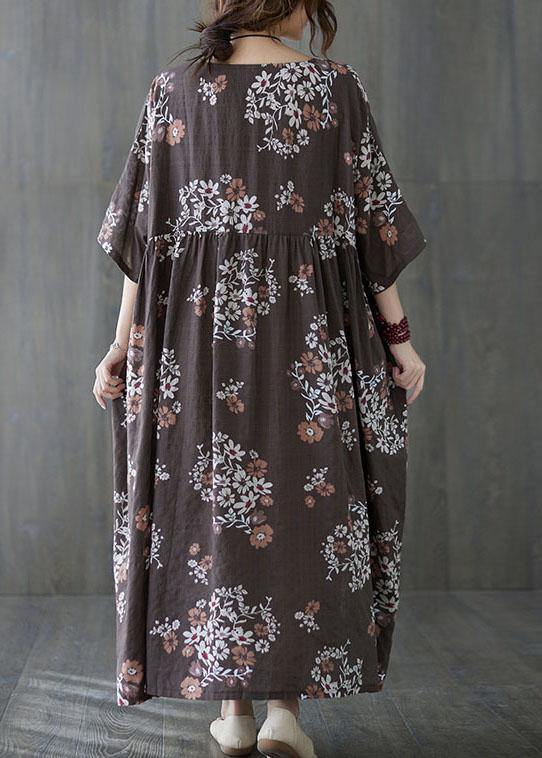 Beautiful Coffee Patchwork Print Summer Vacation Dress Half Sleeve - SooLinen