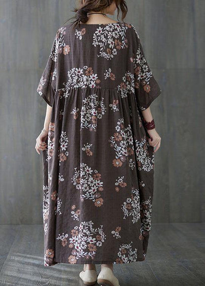 Beautiful Coffee Patchwork Print Summer Vacation Dress Half Sleeve - SooLinen