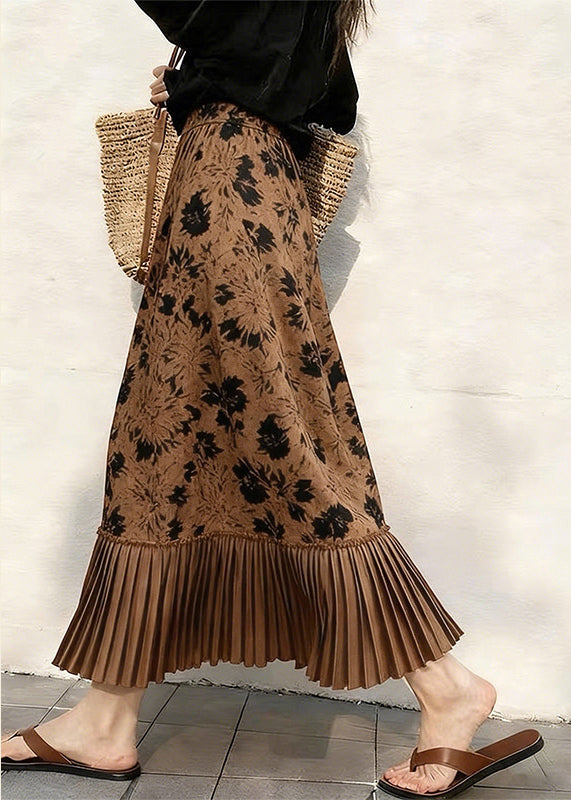 Beautiful Coffee Print Pleated Patchwork Skirts Spring