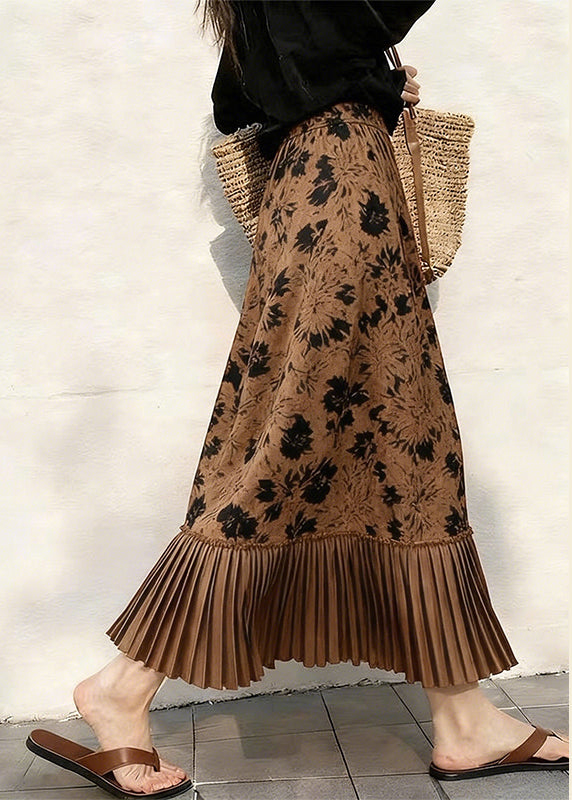 Beautiful Coffee Print Pleated Patchwork Skirts Spring