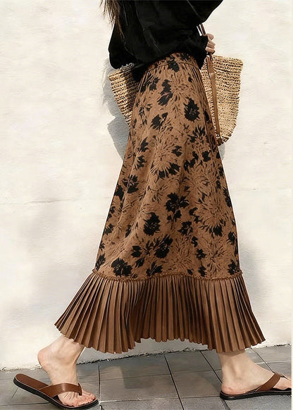 Beautiful Coffee Print Pleated Patchwork Skirts Spring