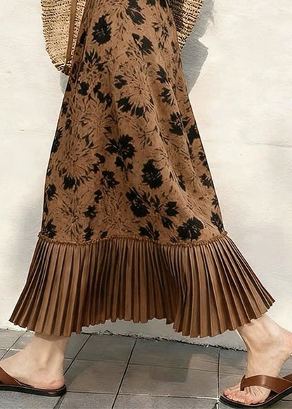 Beautiful Coffee Print Pleated Patchwork Skirts Spring