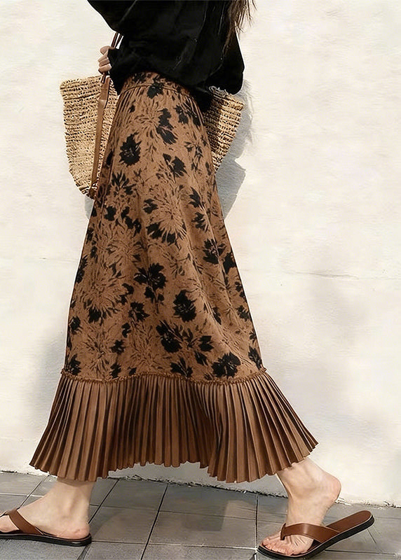 Beautiful Coffee Print Pleated Patchwork Skirts Spring