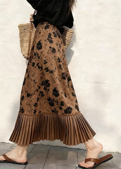 Beautiful Coffee Print Pleated Patchwork Skirts Spring