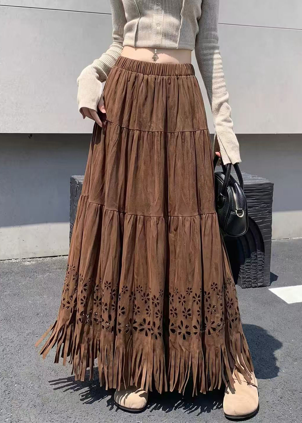 Beautiful Coffee Tassel Hollow Out Faux Suede Skirt Fall