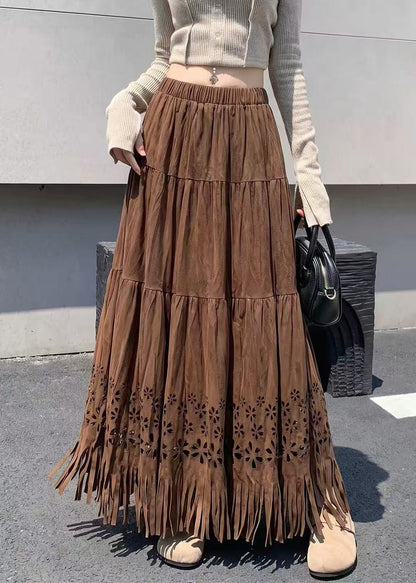 Beautiful Coffee Tassel Hollow Out Faux Suede Skirt Fall
