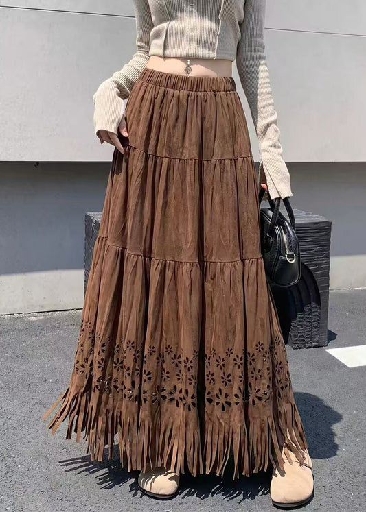 Beautiful Coffee Tassel Hollow Out Faux Suede Skirt Fall