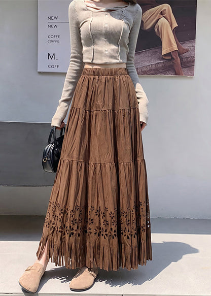 Beautiful Coffee Tassel Hollow Out Faux Suede Skirt Fall