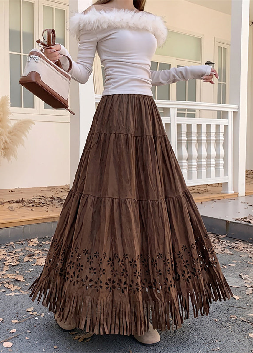 Beautiful Coffee Tassel Hollow Out Faux Suede Skirt Fall