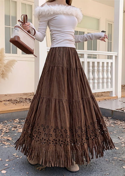 Beautiful Coffee Tassel Hollow Out Faux Suede Skirt Fall