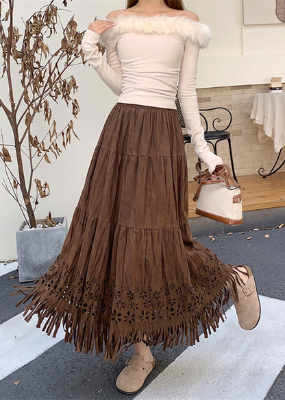 Beautiful Coffee Tassel Hollow Out Faux Suede Skirt Fall