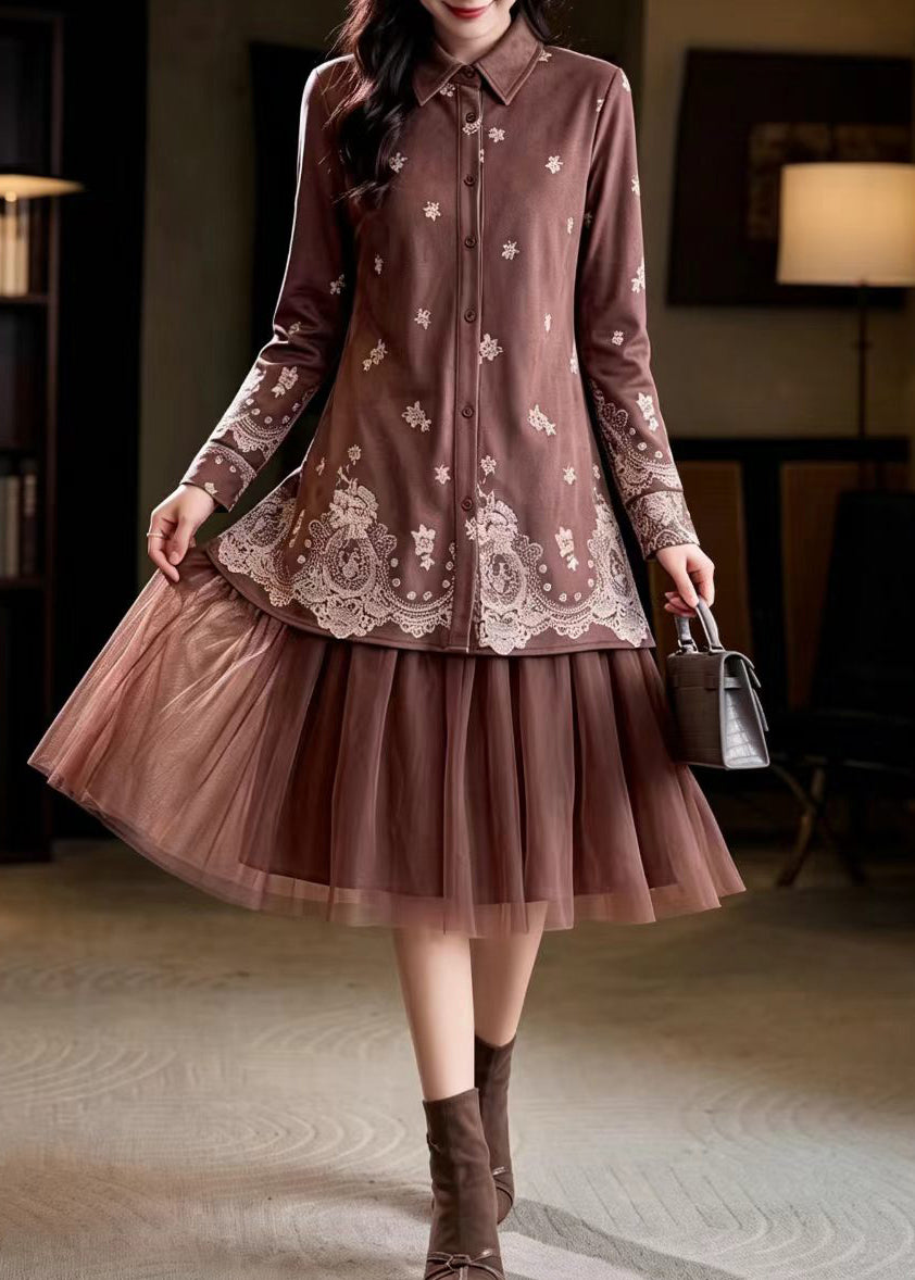 Beautiful Coffee Turn-Down Colla Print Patchwork Tulle Fake Two-Piece Dresses Fall