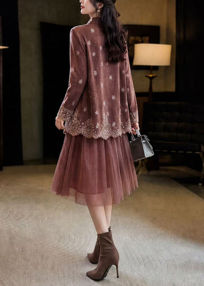 Beautiful Coffee Turn-Down Colla Print Patchwork Tulle Fake Two-Piece Dresses Fall