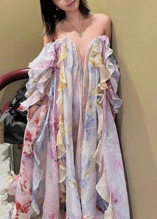 Beautiful Cold Shoulder Ruffled Print Chiffon Long Dresses