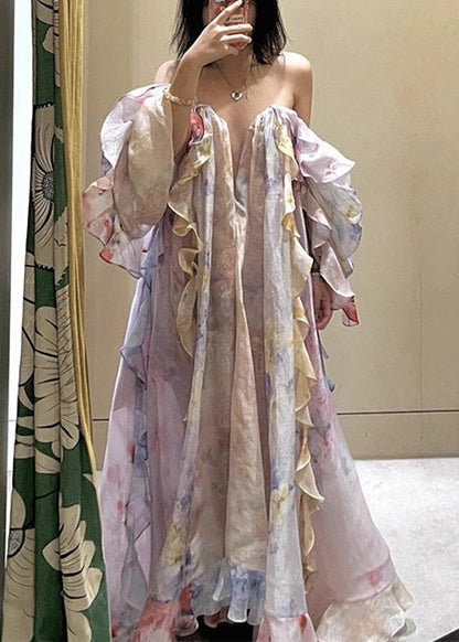 Beautiful Cold Shoulder Ruffled Print Chiffon Long Dresses
