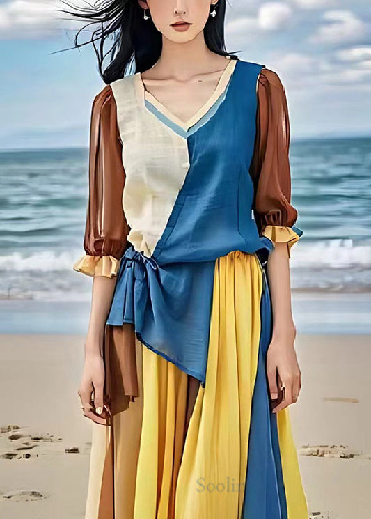 Beautiful Colorblock Asymmetrical Patchwork Linen Cinched Dress Summer