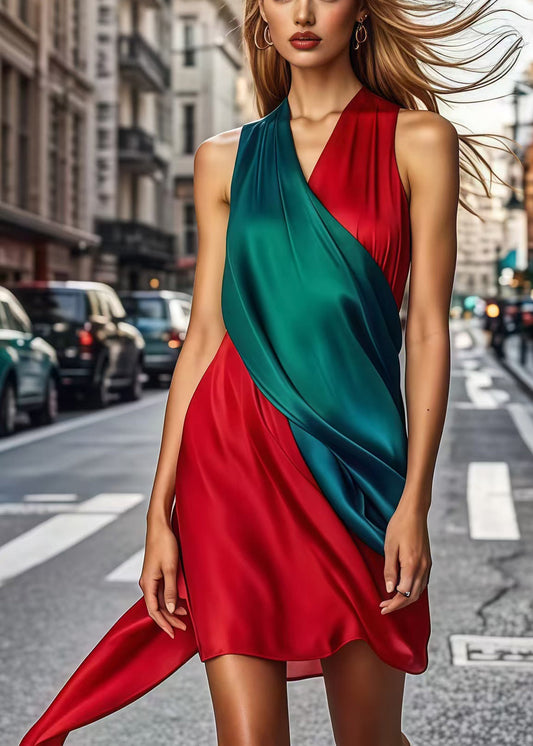 Beautiful Colorblock Asymmetrical Patchwork Silk Work Dress Sleeveless