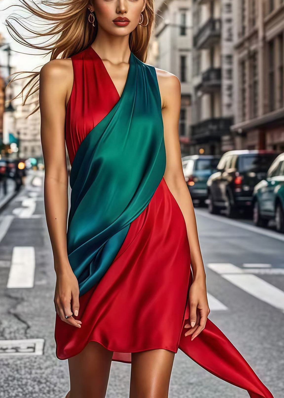 Beautiful Colorblock Asymmetrical Patchwork Silk Work Dress Sleeveless