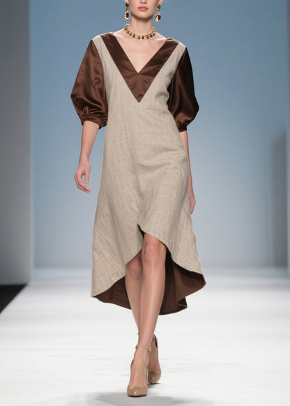 Beautiful Colorblock Low High Design Patchwork Linen Silk Dress Summer