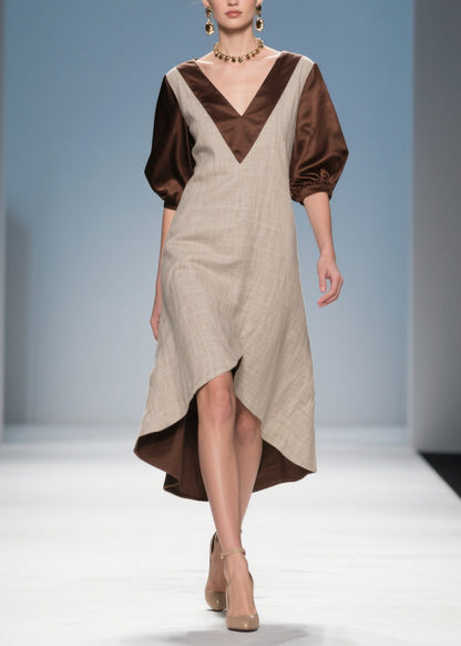 Beautiful Colorblock Low High Design Patchwork Linen Silk Dress Summer