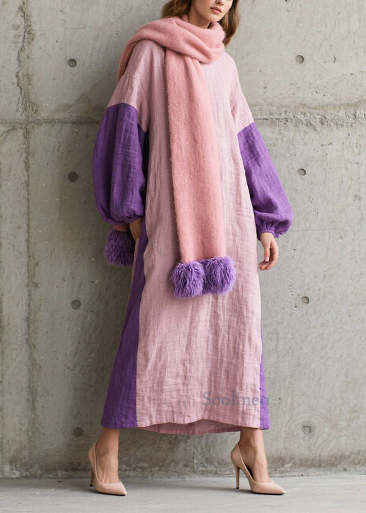 Beautiful Colorblock O Neck Patchwork Cotton Dress Fall