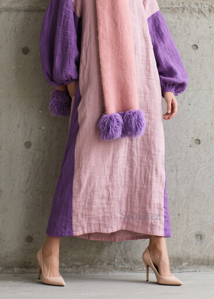 Beautiful Colorblock O Neck Patchwork Cotton Dress Fall